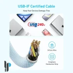 ابعاد کابل شارژ Type-C انکر مدل Anker Zolo A8060 240w طول 1 متر